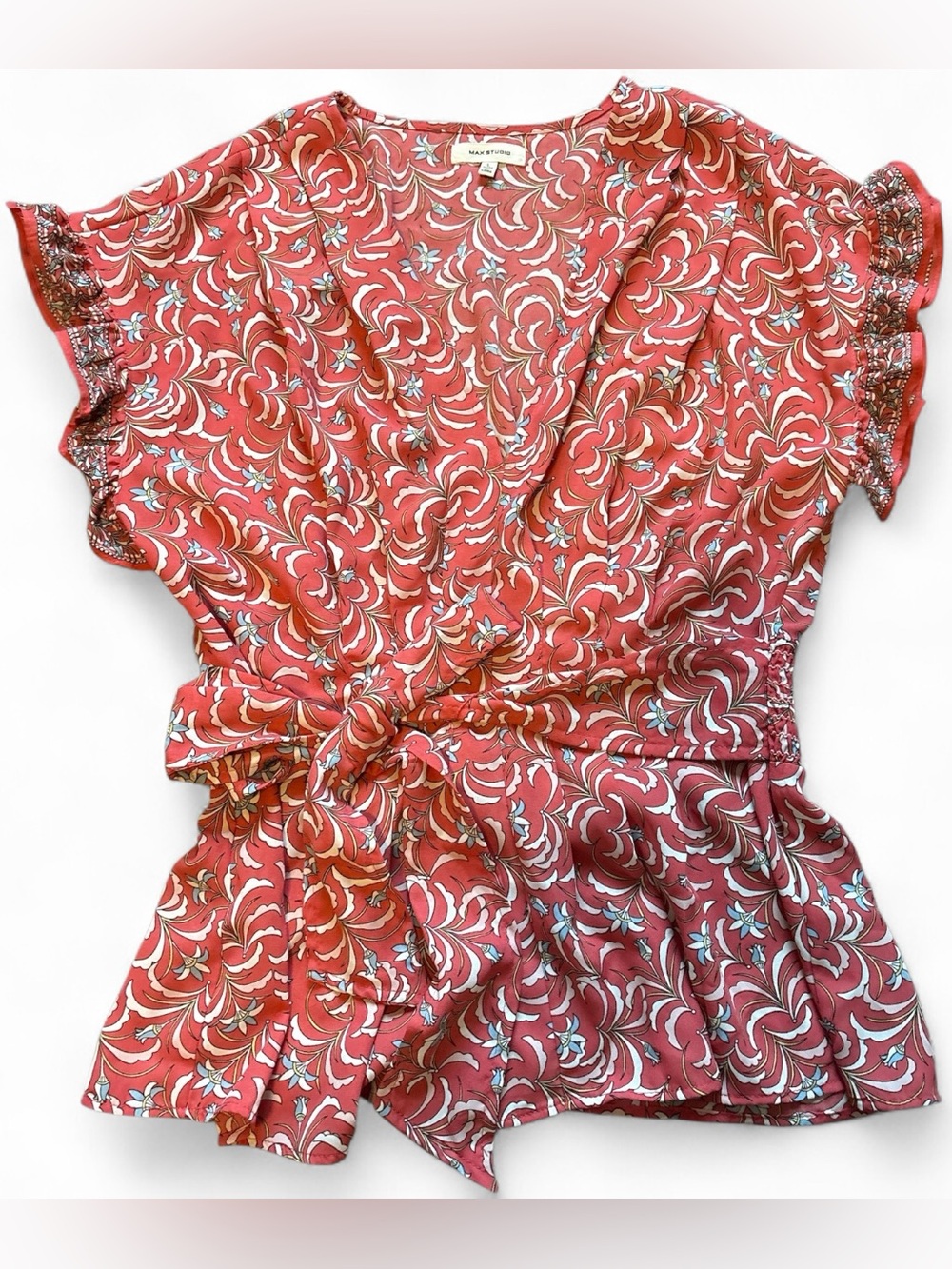Max Studio Coral Floral V Neck Wrap Top